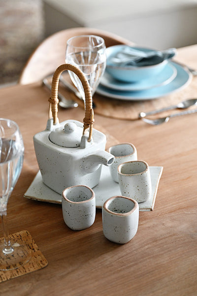 sandy white and bamboo Chinese teaset.  tea pot with cups for tea ceremony