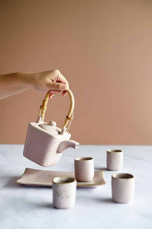 handmade square ceramic and bamboo tea set