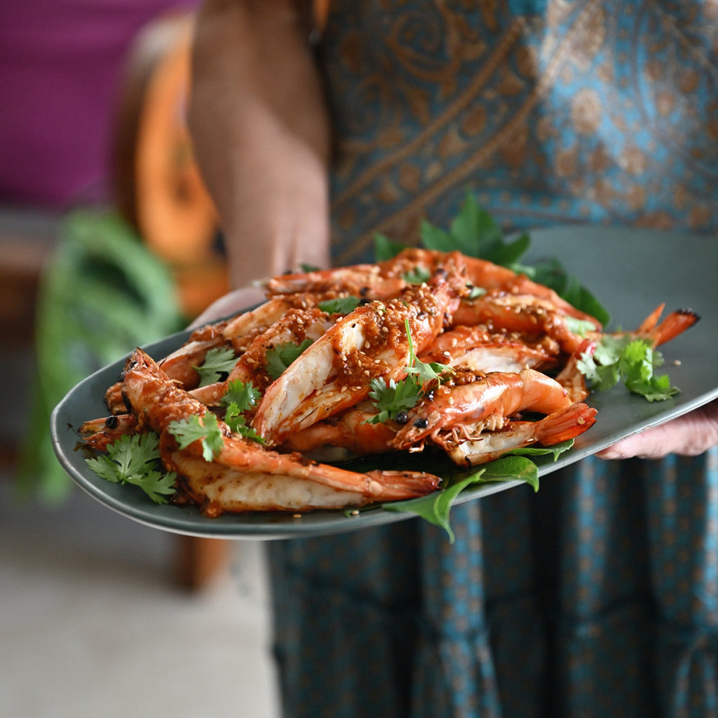 Audra Morrice's Grilled Prawns with Chunky Miso Garlic Chilli Oil