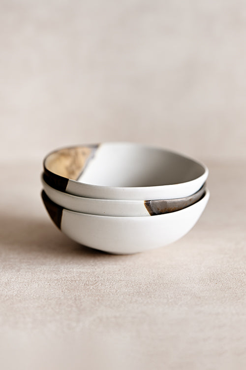 Handmade gold leaf ceramic soup bowl with bronze-dipped rim