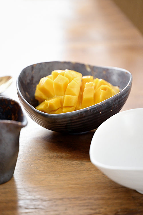 Close-up of the Charcoal Grill Shell Sharing Dish holding cubed mango — textured charcoal glaze with caramel splatter detail