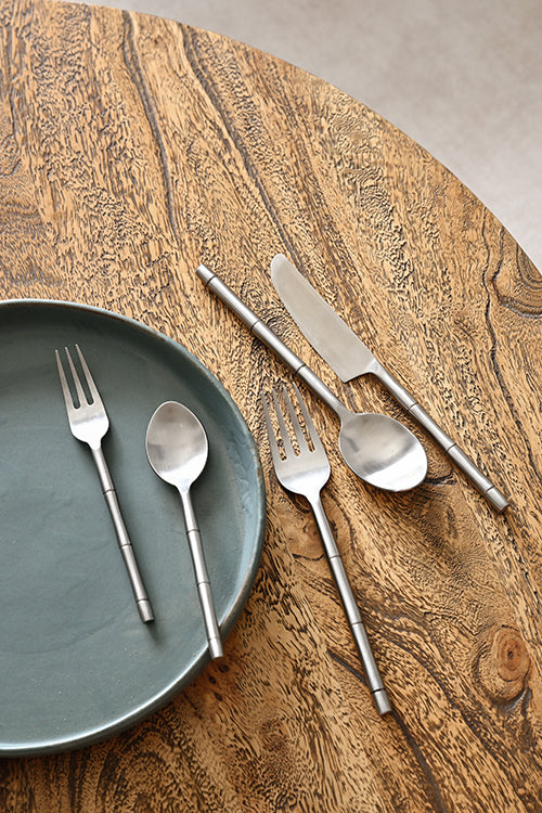 Brushed steel hand-forged stainless steel cutlery set with sculpted segmented handles — Kra Sanctuary