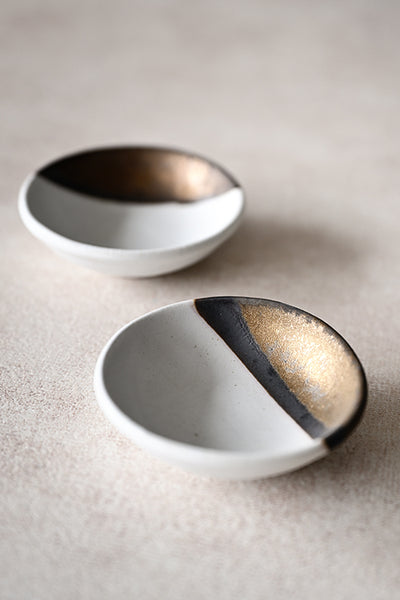 Handmade ceramic sauce dish in matte white with gold-dipped rim, small 8 cm round dipping bowl for soy sauce and condiments