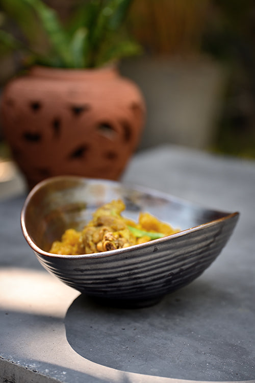 Wok Hei Shell Presentation Bowl styled with a curry portion on a dark table