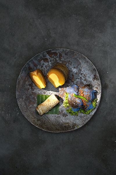 Kra Sanctuary charcoal grill freeform dinner plate, handcrafted ceramic stoneware with organic shape for modern table settings